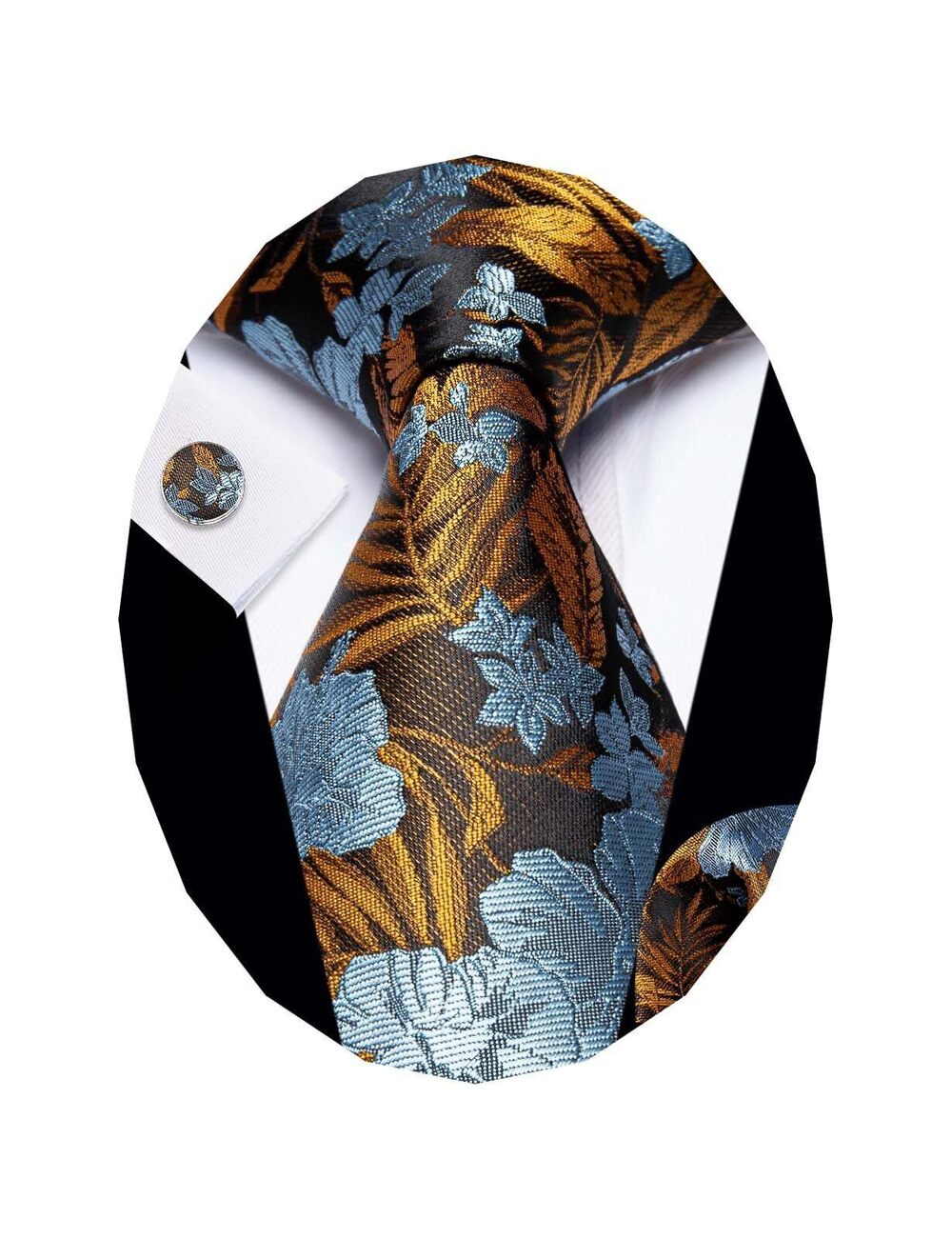 2393 Ties Silk Woven Blue Gold Floral Necktie with Pocket Suqare Cufflinks